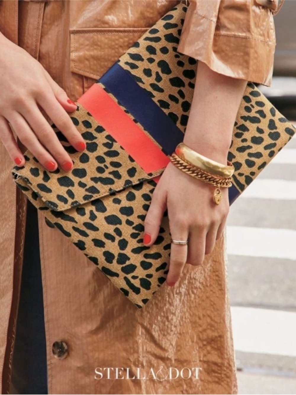 Stella & Dot Leopard Foldover Clutch with Navy and Coral Stripes